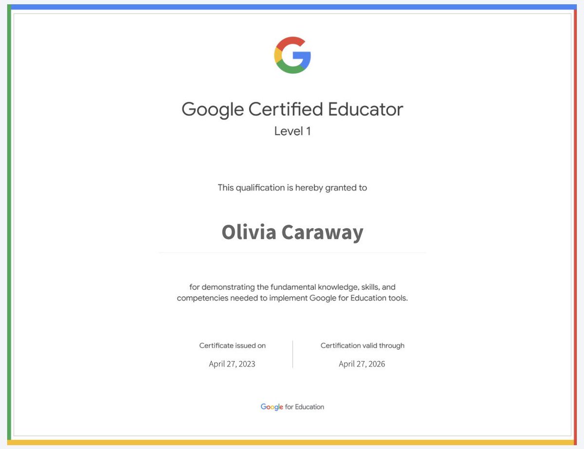 OliviaCaraway0's tweet image. I am now a Google Certified Educator📚 Throughout my training, I learned how to implicate Google platforms into the classroom to become a more effective future educator! #EdTechAtLaTech