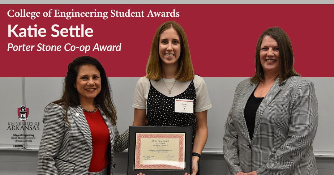 Ralph E. Martin Department of Chemical Engineering (@cheg_uark) on Twitter photo Graduating senior Katie Settle was awarded a Porter Stone Co-op Award by <a href="/UofA_Engr/">U of A Engineering</a>! This award is given to students who have excelled in cooperative education. Katie has interned at Conagra Brand Foods and at Walt Disney World. Congratulations, Katie!
#cheguark #uarkengineering Graduating senior Katie Settle was awarded a Porter Stone Co-op Award by <a href="/UofA_Engr/">U of A Engineering</a>! This award is given to students who have excelled in cooperative education. Katie has interned at Conagra Brand Foods and at Walt Disney World. Congratulations, Katie!
#cheguark #uarkengineering
