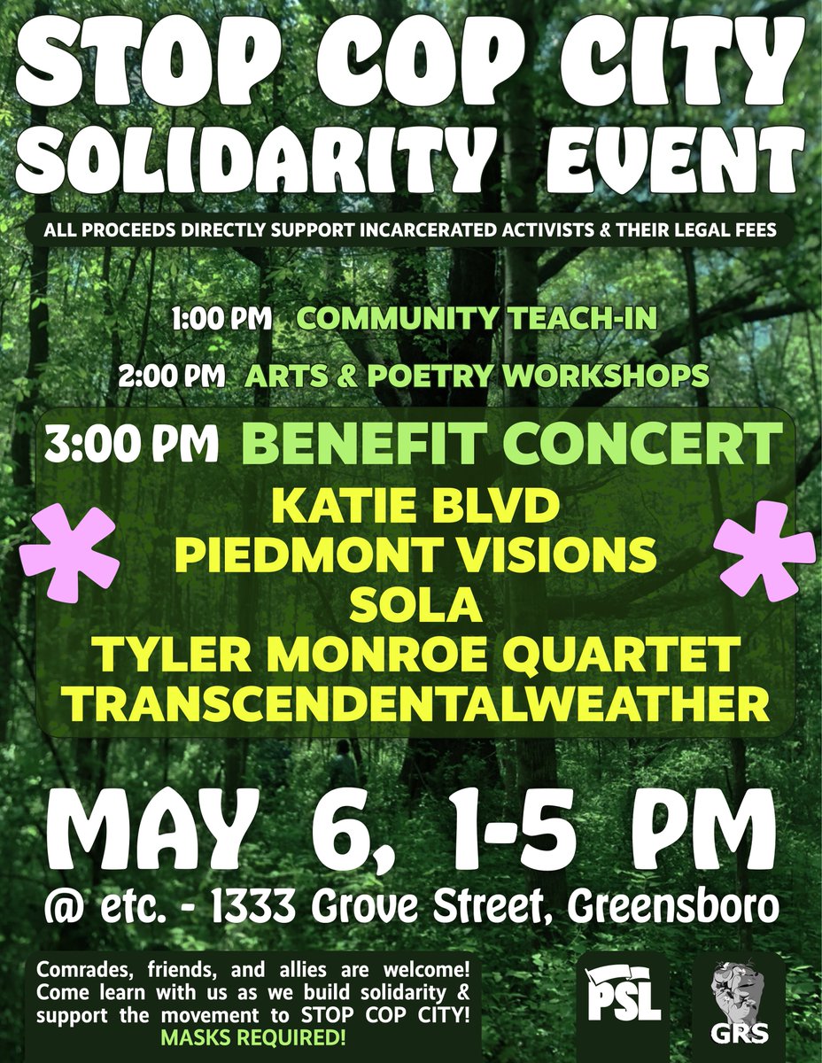 gsorevsoc's tweet photo. Tomorrow — Help us raise funds for the incarcerated activists working to #StopCopCity

1 pm - Teach-In
2 pm - Arts &amp; poetry workshops
3pm - Live music

Free childcare provided! https://t.co/g4lSvMGMrp