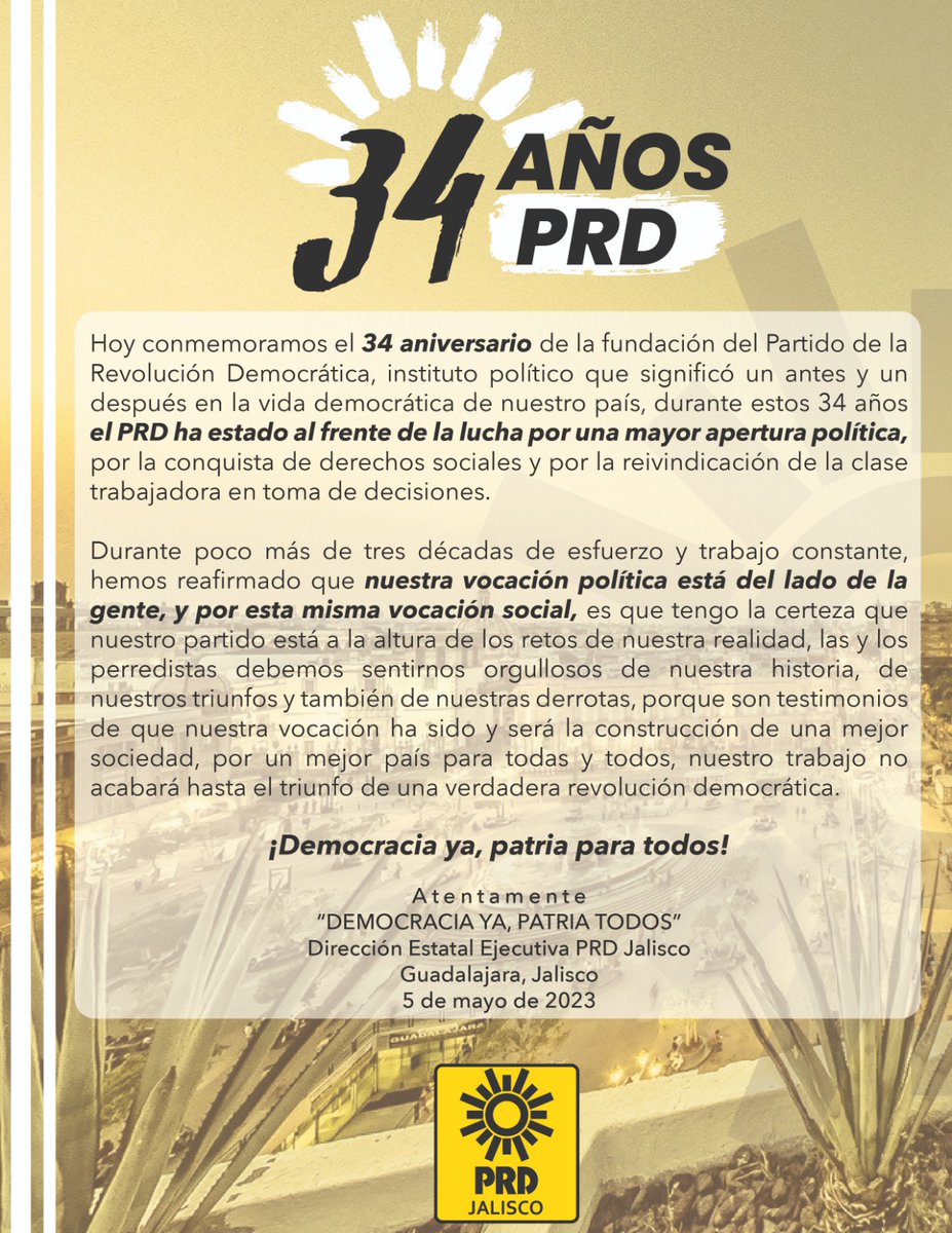 34 años de lucha.
<a href="/PRDMexico/">PRD</a> <a href="/GPPRDmx/">Diputadas y Diputados Federales del PRD</a> <a href="/SenadoresPRD/">Senadores del PRD</a>