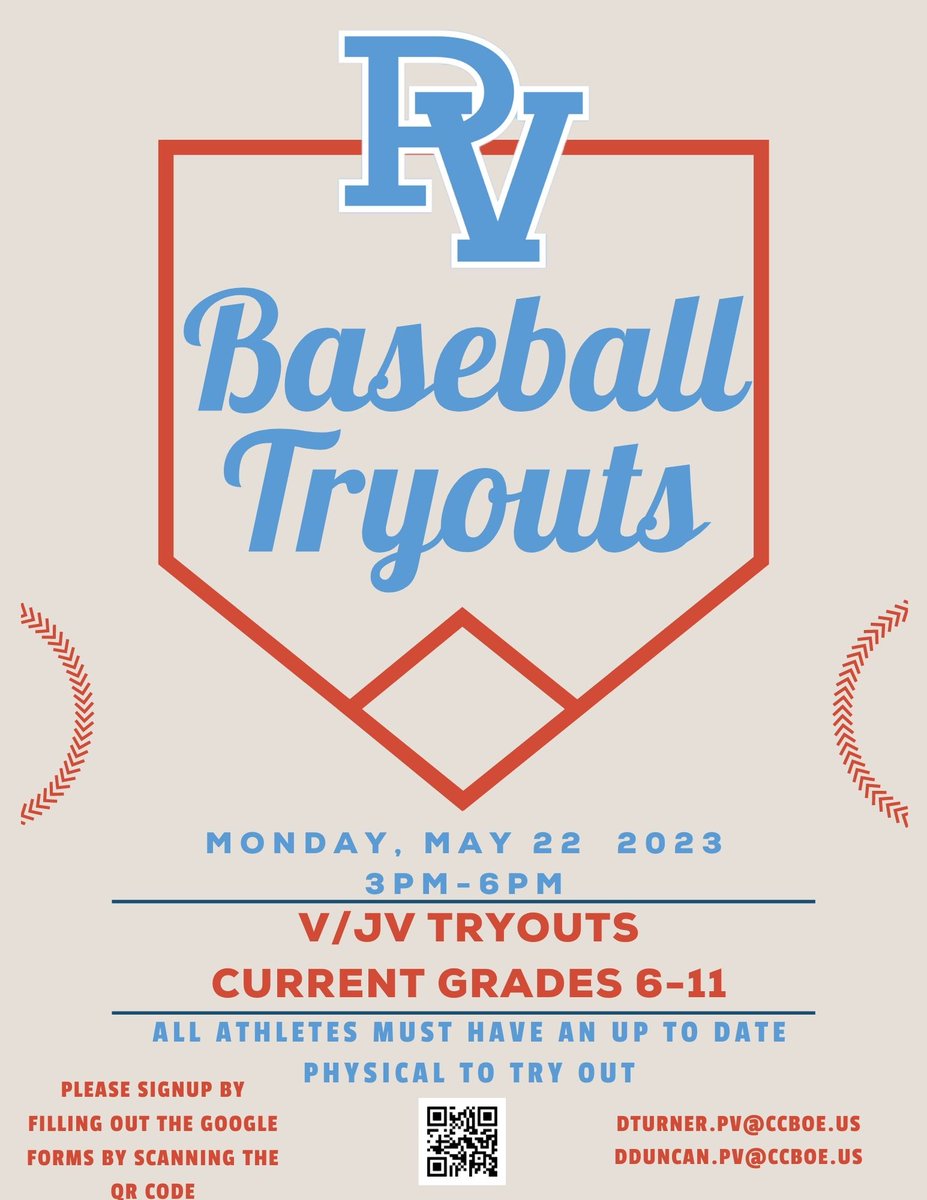 V/JV Baseball tryouts on 5/22 from 3-6pm. We are very excited for the upcoming season. Great time to be a Raider. #GoRaiders