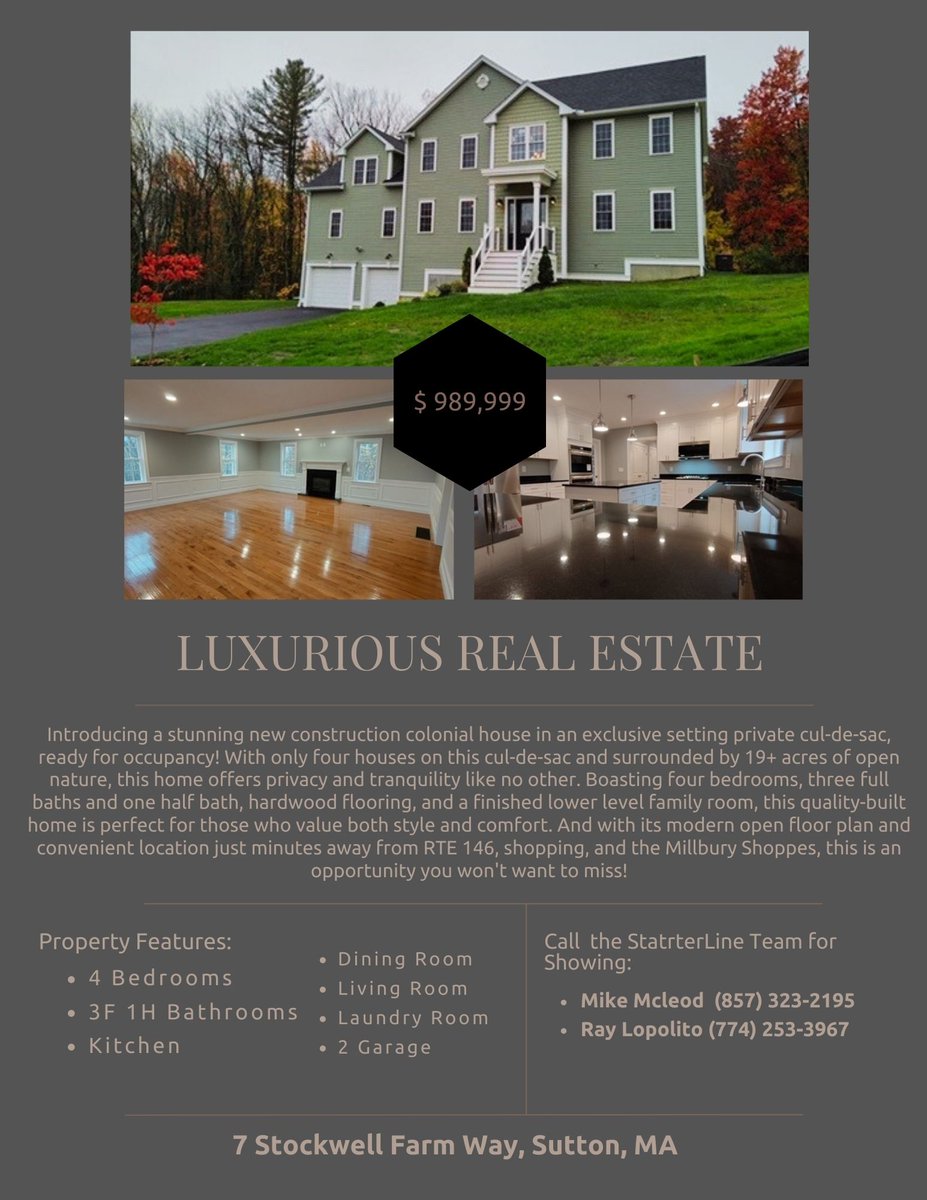 McLeodTheAgent's tweet photo. Experience luxury living in this stunning, newly constructed colonial home nestled in an exclusive private cul-de-sac, surrounded by 19+ acres of open nature, featuring 4 bedrooms and 3.5 baths #WORCESTERMA #SuttonMA #LuxuryHomes https://t.co/xJgRwKNI9P