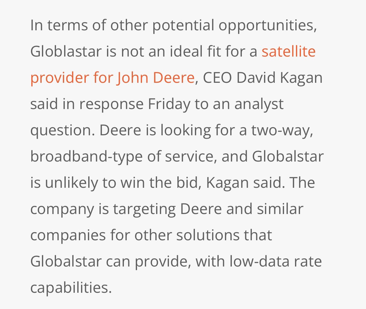 spacanpanman's tweet image. $ASTS: interesting excerpt from $GSAT quarterly call today.  I wonder who can fill two-way, broadband-type of satellite to device service required by John Deere for future applications?!? #5GSpace #D2D