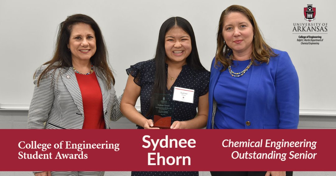 Ralph E. Martin Department of Chemical Engineering (@cheg_uark) on Twitter photo Sydnee Ehorn is the 2023 Chemical Engineering Outstanding Senior! She was recognized for her excellence in academics, leadership, service & extracurricular activities while earning her bachelor’s degree and achieving a 4.0 GPA.
Congratulations, Sydnee!
#cheguark <a href="/UofA_Engr/">U of A Engineering</a> Sydnee Ehorn is the 2023 Chemical Engineering Outstanding Senior! She was recognized for her excellence in academics, leadership, service & extracurricular activities while earning her bachelor’s degree and achieving a 4.0 GPA.
Congratulations, Sydnee!
#cheguark <a href="/UofA_Engr/">U of A Engineering</a>