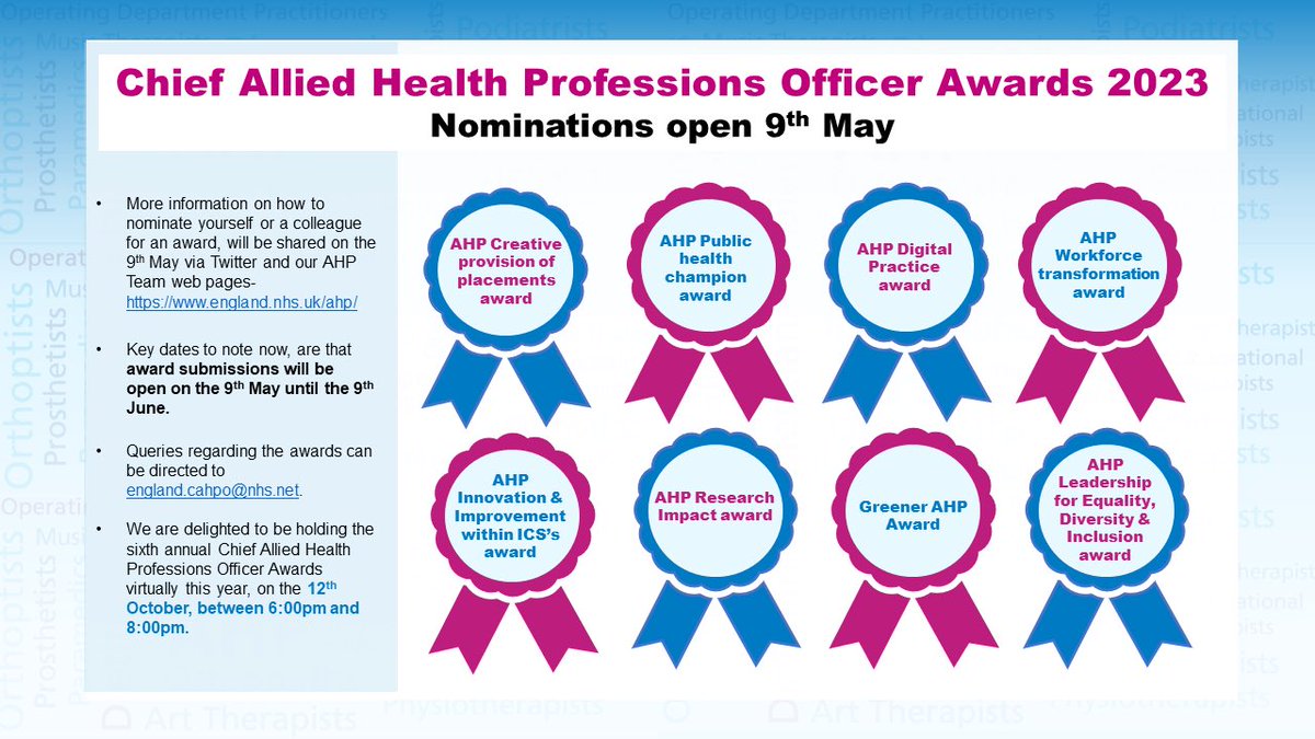 🚨#CAHPOAwards 2023
 
📆Nominations open 9 May
 
📝Get ready to nominate yourself or colleagues next week
 
📝Nominations for categories welcome from #AHP support workers, #AHPstudents, registered #AHPs &amp; pre-reg apprentices in England
 
Entry details next week!
 
<a href="/WeAHPs/">WeAHPs 💙</a>