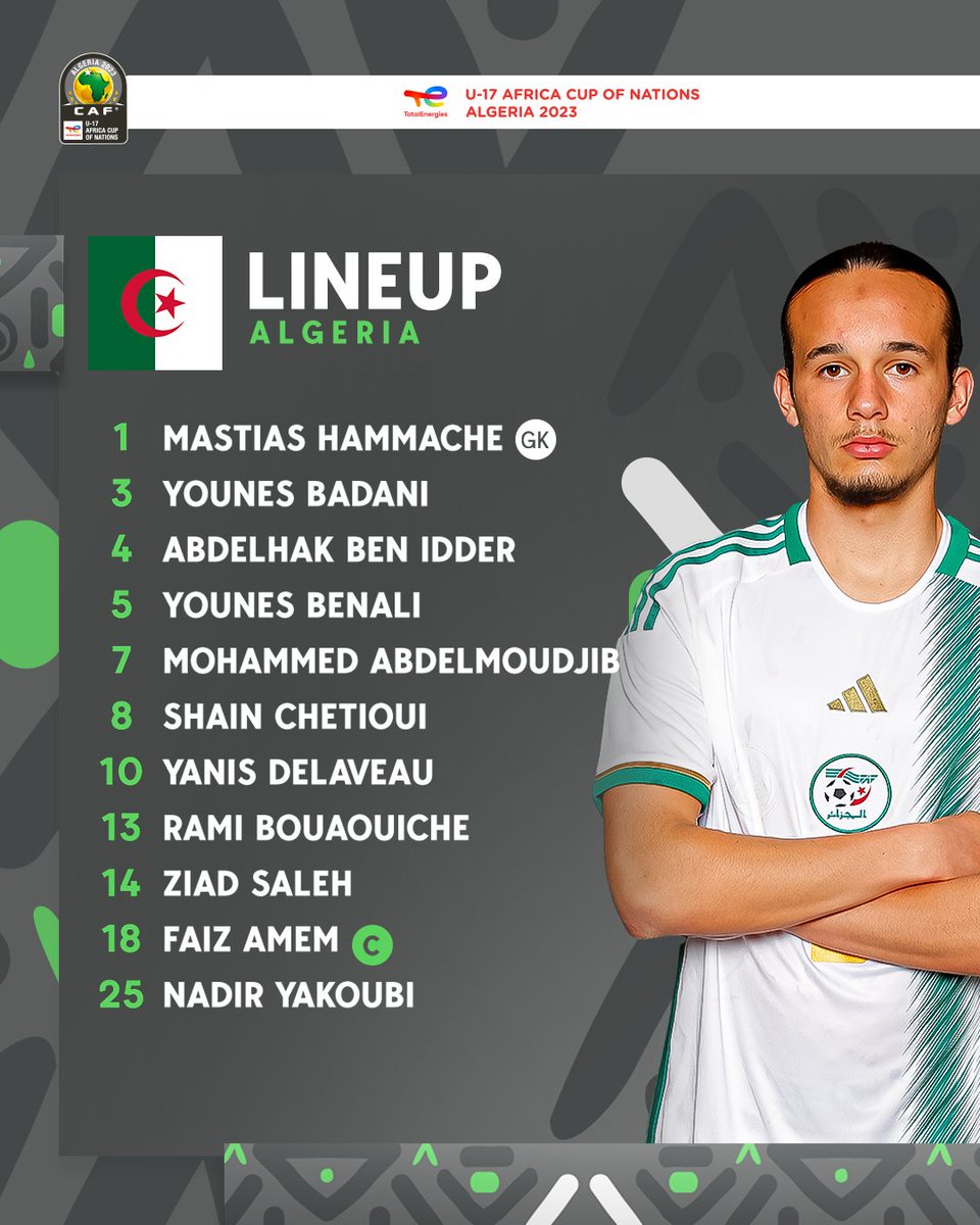 caf_online_FR's tweet photo. Congo 🆚 Algérie
Les équipes sont révélées. 📋
#TotalEnergiesAFCONU17 | #CGOALG https://t.co/mIN5Tc6mOv