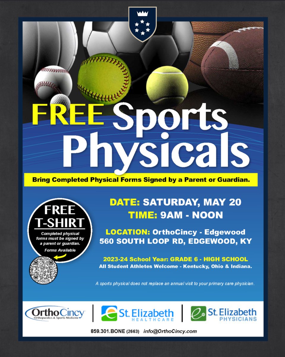 Great opportunity to get a free physical and t-shirt! Make sure all the parent part of the KHSAA paperwork is complete before the physical.