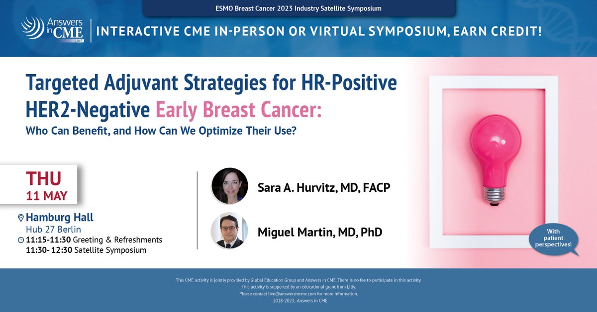 AnswersinCME's tweet image. #ESMOBreast23 📍Berlin on your mind? Come to the In-Person and Virtual Satellite Symposium on #EarlyBreastCancer to learn more about adjuvant targeted treatment strategies

#AnswersinCMELive #GetYourAnswersinCME 

buff.ly/3p9iinV