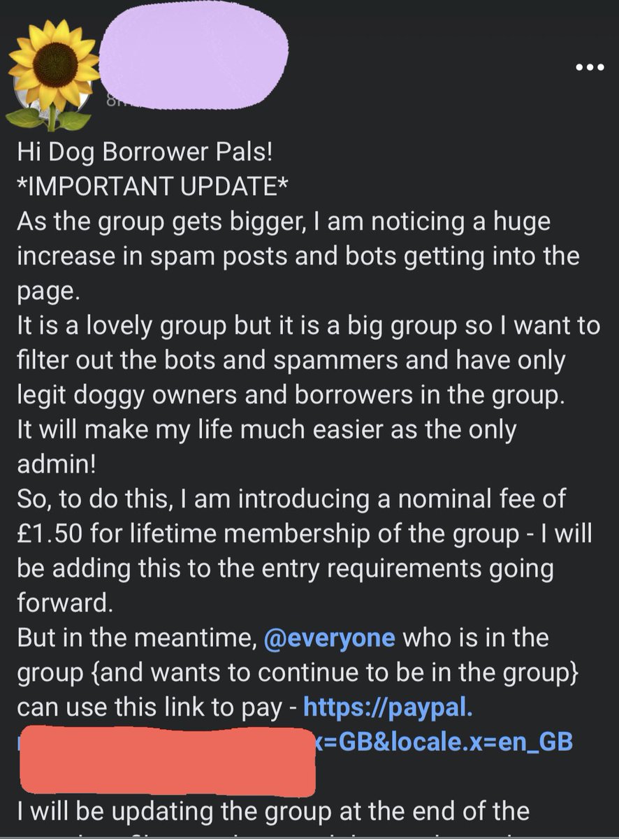 LizzieEdwards_'s tweet photo. Incredible scenes over on the local community dog borrowing Facebook page that I’m part of after the admin demands everyone pays £1.50 for lifetime membership. 

This has the potential to make the admin…£6,750! I’m obsessed 🍿 https://t.co/OJdRCZtdrg