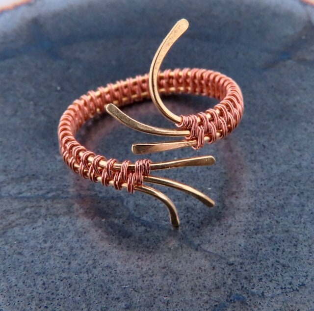 Available in my #etsy shop: Copper Wire Wrapped on Bronze Large Adjustable Ring, etsy.me/428sNGB #copperring #bronzejewelry #unisexring #copperwirejewelry #lonerockjewelry #bronzecopper #birthdaygift #friendgift