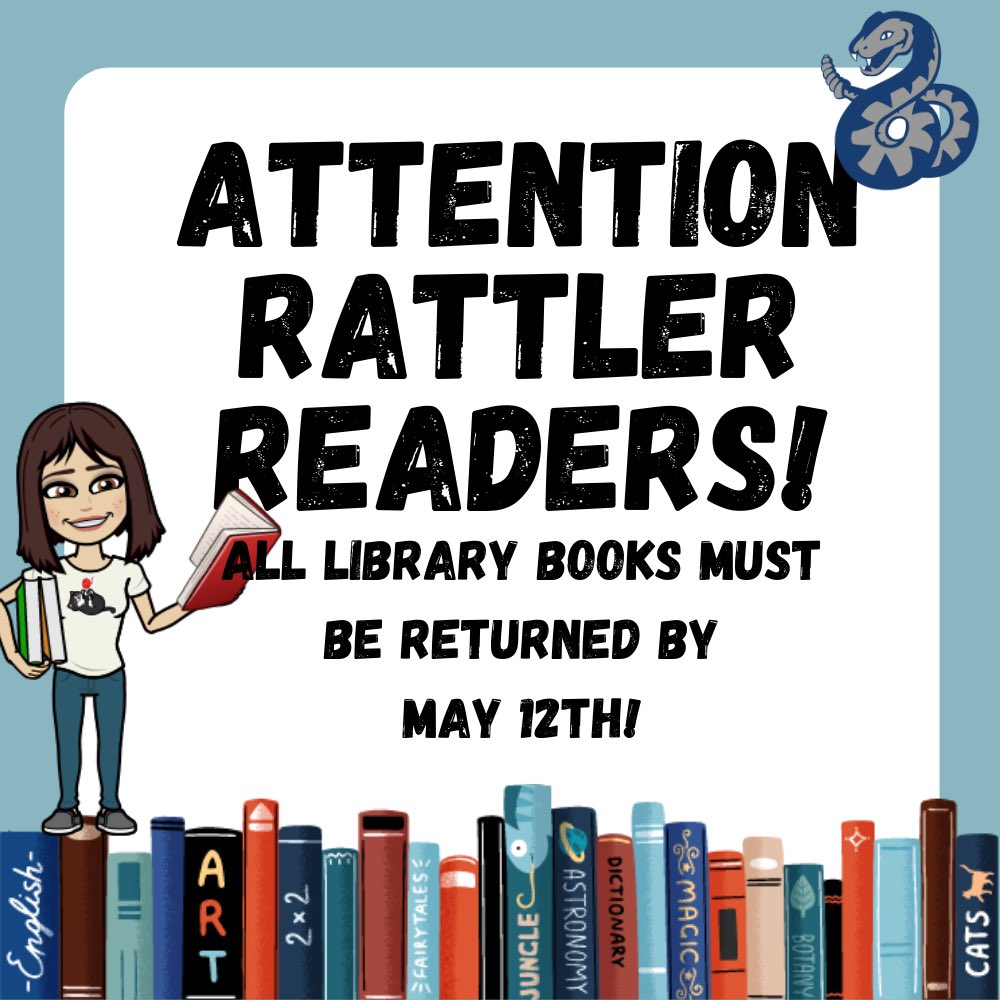 prmslib's tweet photo. Turn in your library books next week! 📚📚📚#rattlersread https://t.co/9moGgMvehH