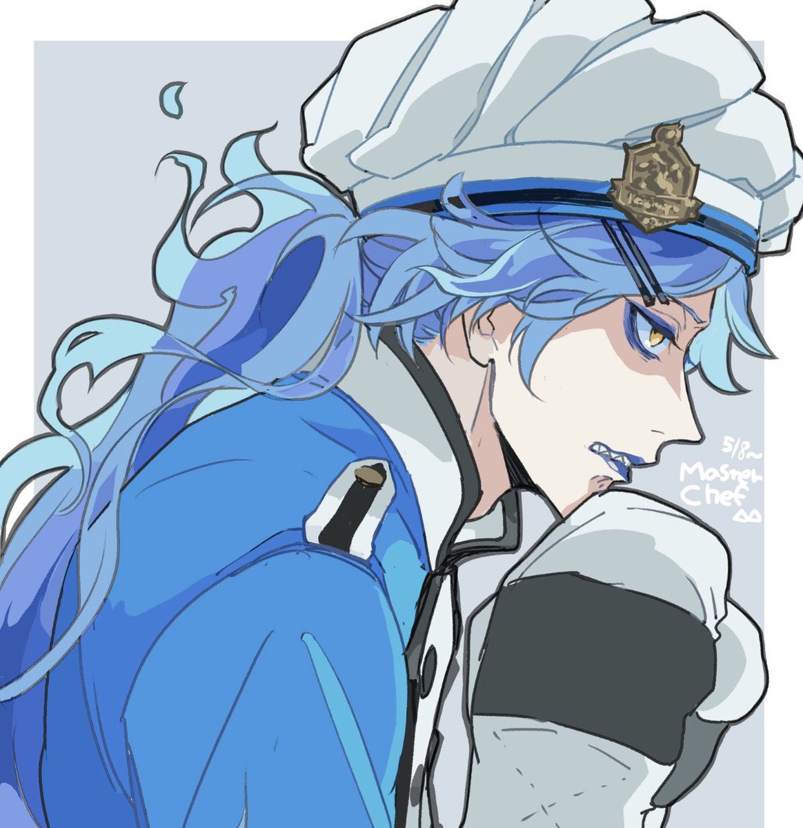 blue hair male focus 1boy blue lips solo hat yellow eyes  illustration images