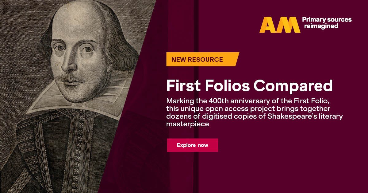 AdamMatthewGrp's tweet photo. To celebrate the 400th birthday of Shakespeare's First Folio, we're excited to launch our #OpenAccess project, First Folios Compared.

For the first time, explore and compare side-by-side, 51 digitised copies of the First Folio: https://t.co/ms4p9gFICF

#firstfolioscompared https://t.co/Tycq62RK13