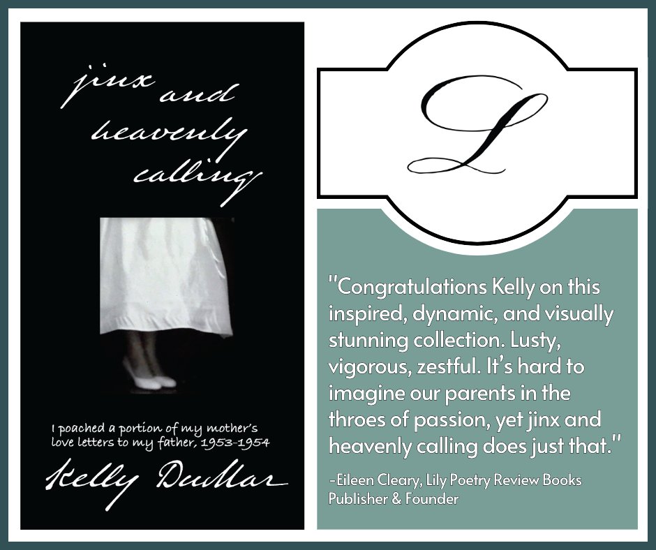 I'm honored to have @PoetryLily as my publisher for 'jinx and heavenly calling,' and thank you Eileen Cleary, founder & publisher, for your kind words! To purchase your copy of my newest poetry collection, visit: linktr.ee/kellydumar #poetry #erasurepoetry #epistolaryerasure