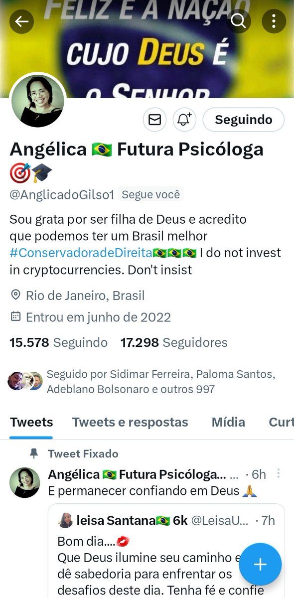 Eu tenho indicado diariamente patriotas que estão sempre conosco na luta
Índico essa querida seguidora @AnglicadoGilso1 atualmente na faculdade, mas sempre está conosco.

Precisamos unir a direita e nos fortalecer enquanto dá tempo!!!
@AgenteDEL1984 SDV garantido.