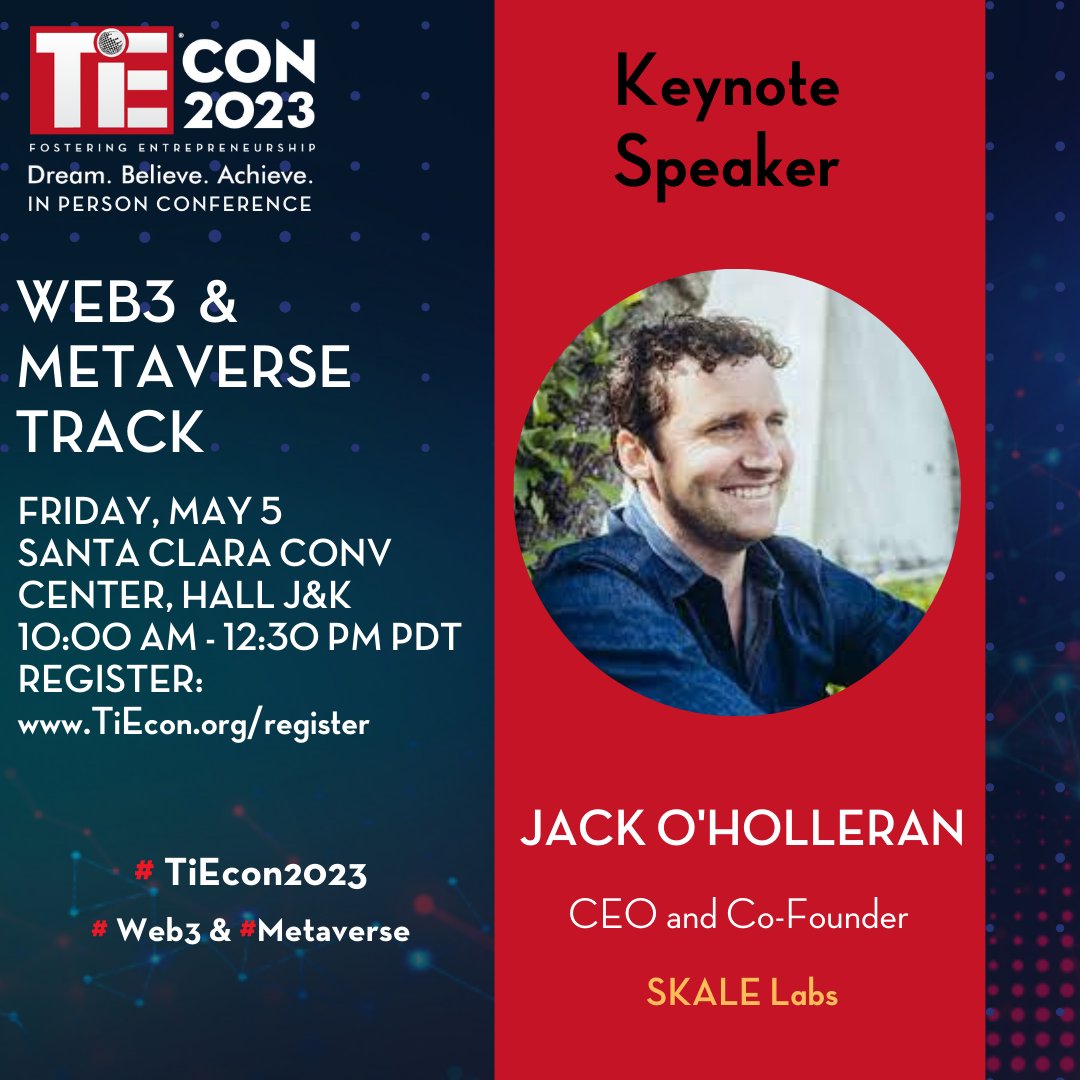 poonamdk's tweet photo. @jackoholleran, CEO &amp; Co-Founder at @SkaleNetwork to speak at #TiEcon2023 #Web3 &amp; #Metaverse Track Keynote on 5.5.23 11:15 AM, @SantaClara_CC Hall J&amp;K Reg: https://t.co/nkEKt8Gx0K @TiESV https://t.co/GUxh7Y6cZG