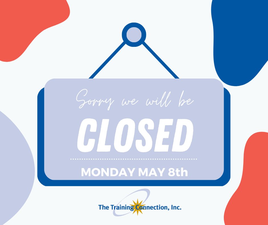 TheTrngConn's tweet photo. We'll be closed Monday, May 8th.

We're excited to announce that Team TTC will be taking the day off to participate in an exciting team-building activity. We'll be back in the office on Tuesday! https://t.co/5zEhdc6SQW