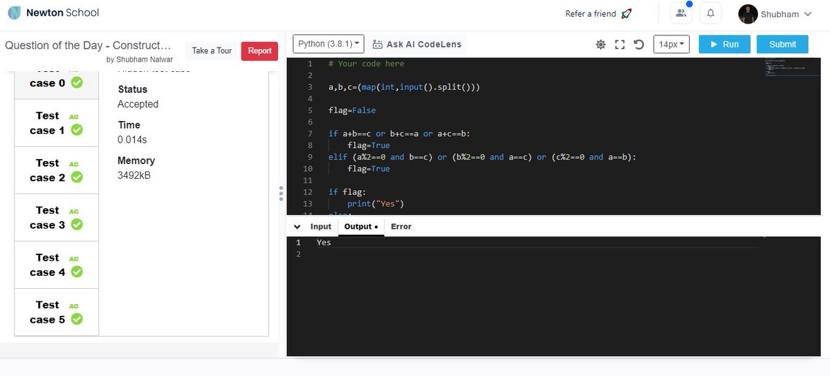 NalwarShubham's tweet image. Hi Folks, I have completed #Day21 of #101DaysofCode Challenge with
@NewtonSchoolHQ

QUESTION OF THE DAY: Construct a Rectangle
Discord: ACEane#9964      
#nsdiscord #codewithns #101daysofcodens
