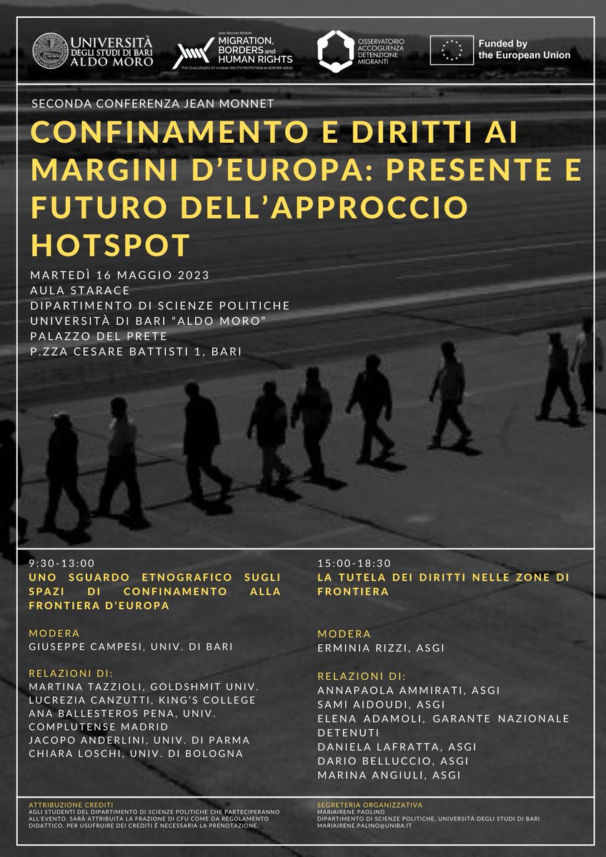 Domani a <a href="/unibait/">Uniba.it Aldo Moro</a> 

#Confinamento e #diritti ai margini d'europa: Presente e futuro dell'approccio #hotspot

#decretoCutro 
#confini
#migrazioni

con
@L_Canzutti  
<a href="/smartitaz/">Martina Tazzioli</a> 
@anaballes 
@drkiarastorm 
<a href="/asgi_it/">ASGI</a>
<a href="/GaranteNPL/">Garante Nazionale PL</a>