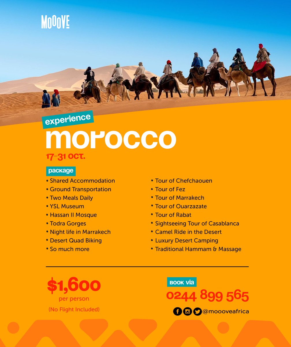 moooveafrica's tweet photo. Discover the exotic beauty of #Morocco this October! 🥳

Immerse yourself in the vibrant colors and scents of Marrakech, ride camels and camp under the stars in the desert. 😍🐪🏜️

Secure your spot now with a deposit of $500 and pay the rest in installments. https://t.co/o57rXq8CkC