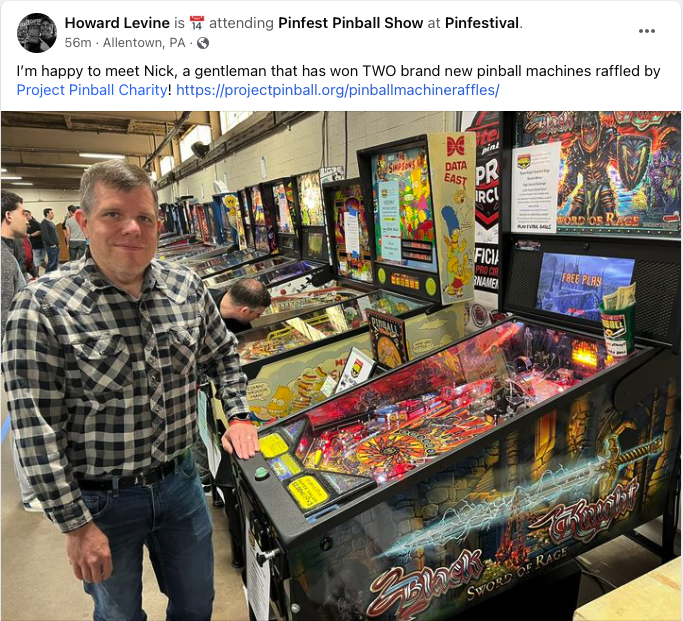 ProjectPinball's tweet photo. Update from Howard at #Pinfest2023 - Huge shout out to Nick for supporting #ProjectPinballCharity & for stopping by the Booth for the High-Score Contest! We love chatting with our fellow #pinball pals :) #ProjectPinballSuperFan https://t.co/uwLZcMU3Rp