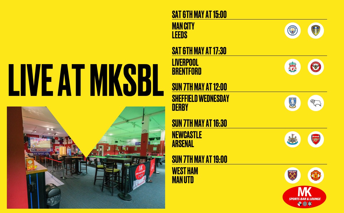 This weekends fixtures, all live at MK Sports Bar & Lounge fanzo.com/en/bar/19447/m…