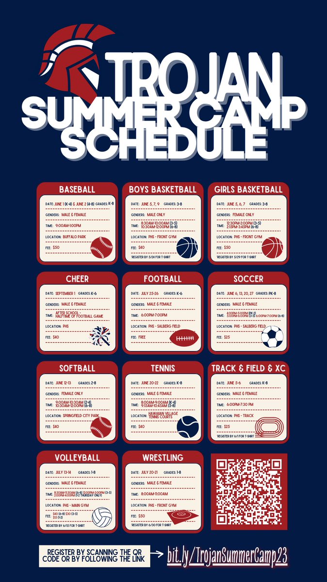 Trojans_of_PHS's tweet image. We've got an exciting lineup of summer camps!  

Register at this link: forms.gle/AncZ96HCBoCBE7…

All checks can be made out to Platteview High School.
Please put the students name(s) and the camp(s) they are attending in the memo line.

Camp dates/times 👇