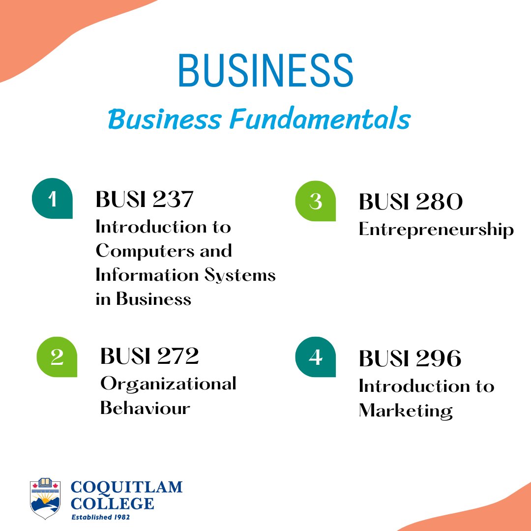 coqcol's tweet image. Business Fundamental is one of our popular courses. We have BUSI 237, BUSI 272, BUSI 280, and BUSI 296.

Learn more: coquitlamcollege.com/programs-cours…

#coquitlamcollege #Business #BusinessFundamentals