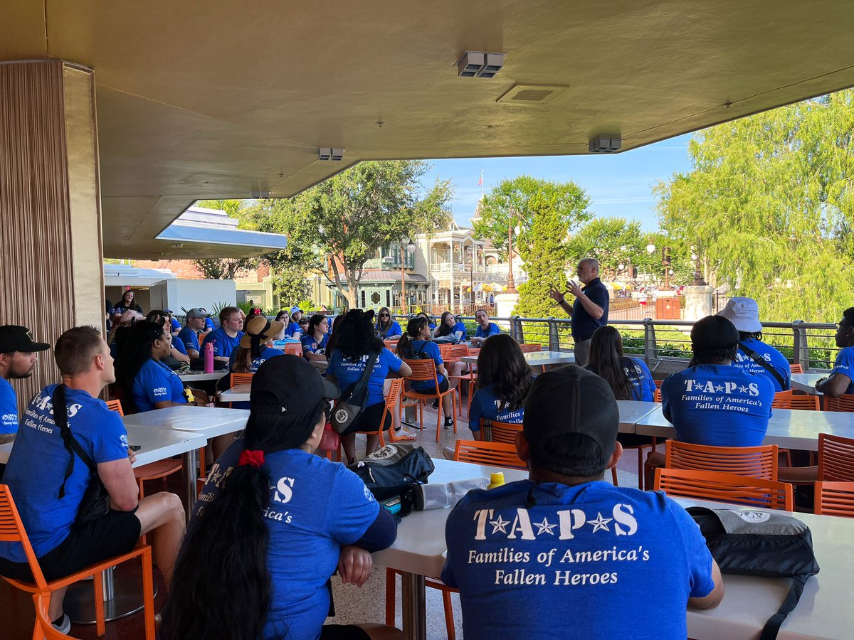 We are in Orlando for the TAPS Young Adults Disney Experience! This morning we were warmly welcomed to the Magic Kingdom by the Disney Salute team. Thank you @WaltDisneyWorld for making us feel so welcome and hosting the families of the fallen from @TAPSorg #DisneySalutes 🇺🇸