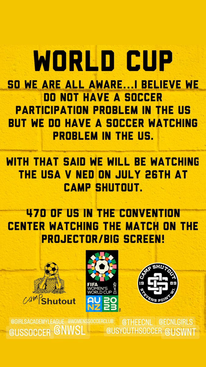 We will be watching the #USAvNED World Cup match on July 26th at #campshutout in Stevens Point, WI in the Convention Center. 470+ in the Convention Center…perhaps one of the larger watch parties in the 🇺🇸?