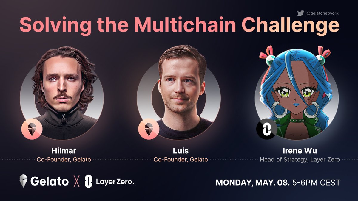 On May 8th we’ll be diving into the multichain landscape challenges &amp; solutions with our cofounders <a href="/hilmarxo/">Hilmar</a> &amp; <a href="/gitpusha/">0XLUIS2</a>, and <a href="/LayerZero_Labs/">LayerZero Labs</a>'s <a href="/IreneWu27/">Irene</a>!

Discover how Gelato &amp; Layer Zero enable efficient cross-chain automation &amp; tackle these challenges
x.com/i/spaces/1OdKr…