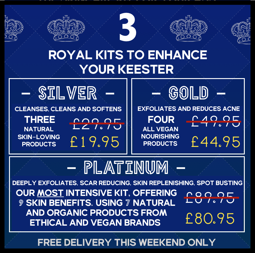 KeesterKit's tweet photo. Savings on ALL KITS, up to £10 off! Royal Weekend Special - FREE POSTAGE - https://t.co/IHVEm6yLtG #coronation #coronationday #sales #deals #moneyoff #royal #skincare #skincarekit #veganuk #vegan  #natural #treatyourself #lookafteryourskin #gay #gayuk   #freedelivery #beauty https://t.co/yyVtsNMNax