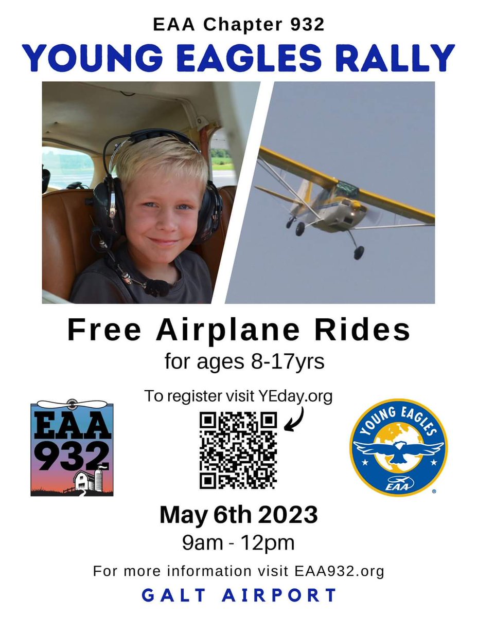 PilotBurt's tweet image. Tomorrow @EAA #YoungEagles flights 9am to noon! #LetsGoFlying 

#FreeAirplaneRides #YouthActivities #aviation 

@Galt Airport
5112 Greenwood Rd, Wonder Lake, IL 60097
@McHenryCountyIL