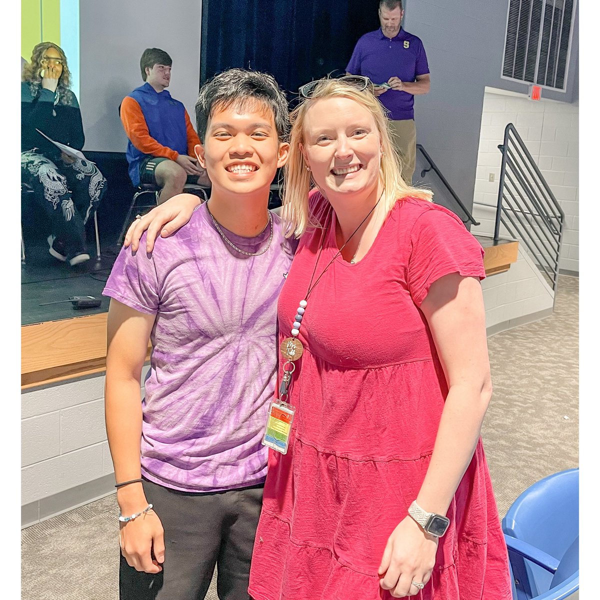tubbteam's tweet photo. It did my heart so much good to see one of my former @RockyForkMS students, Kobe, today! He came back to middle school to give advice to upcoming @SmyrnaBulldog students. So very proud of him! #tubbteam 💜💛 https://t.co/tJaRD1bTjX