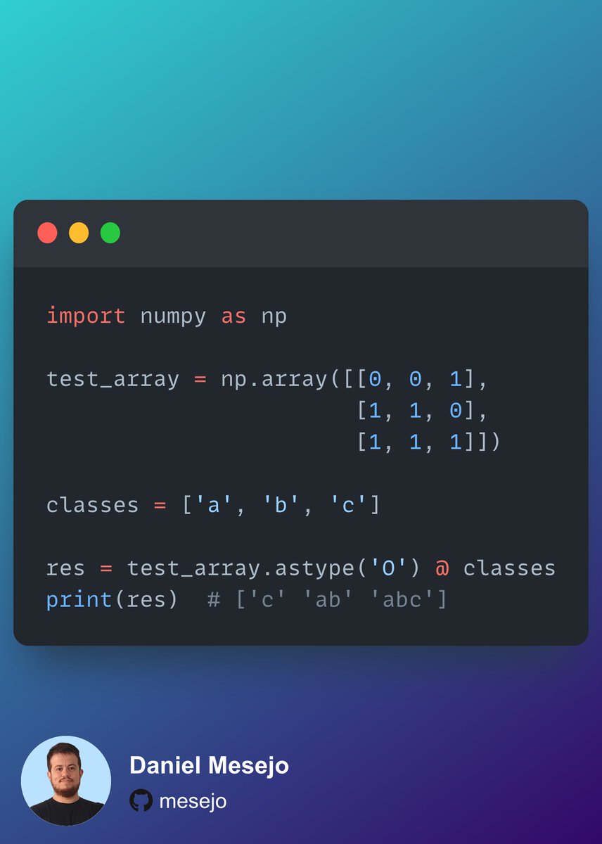 searchsort's tweet image. Did you know that the @ operator was introduced in Python 3.5? It&apos;s a helpful tool for performing one-hot decoding with numpy arrays and strings. 🐍🚀🤯

#learnpython
#pythonprogramming
#MachineLearning