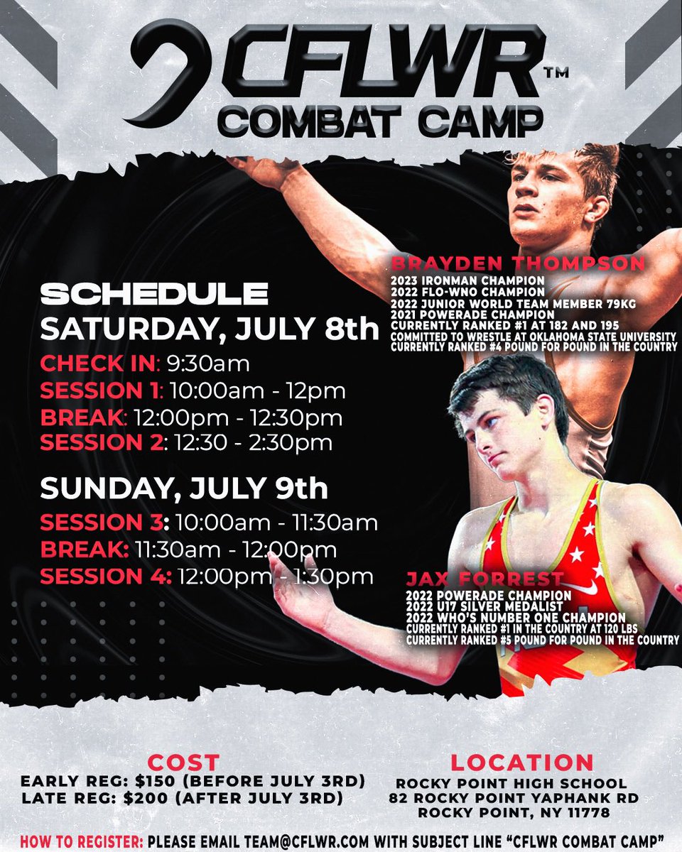 CFLWRCombatGear's tweet photo. 🚨THE VERY FIRST CFLWR COMBAT CAMP🚨
Come learn from two of the very best - @JaxForrest6 & @TheBTH0MPS0N on July 8th & 9th. High level technique, tips, and secrets. Don’t miss out!
See below to register now!
#cflwr #wrestling #wrestlingcamp #ncaawrestling https://t.co/WmDHJzl3US