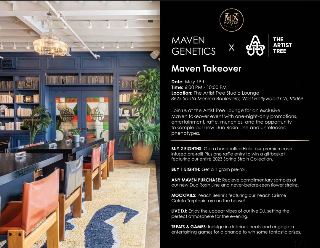 MavenGenetics's tweet photo. Save the date π
On 5/19 we are taking over @TheArtistTreeCA with exclusive promos + vibes all night π±β¨οΈ #MavenGenetics #TheArtistTree #cannabis https://t.co/Vs245MYwsK