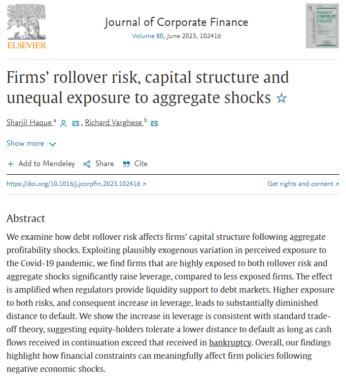 RVargheseIMF's tweet photo. Happy to share that my paper "Firms’ rollover risk, capital structure and unequal exposure to aggregate shocks" with @HaqueSharjil is now forthcoming in @JCorpFin June 2023 issue. https://t.co/oisWOIsilH https://t.co/U7PVnac0WO