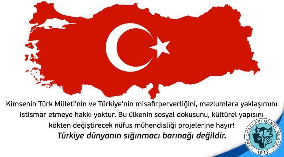 ❗️UYARIYORUZ 👈🏻

Bu ülkenin sosyal dokusunu, kültürel yapısını kökten değiştirecek nüfus mühendisliği projelerine hayır! ❌

Türkiye dünyanın sığınmacı barınağı değildir.❗️