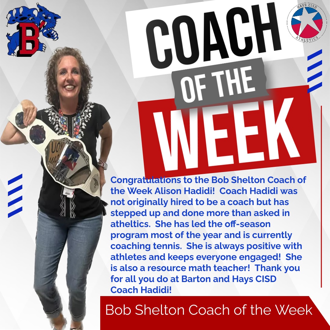 DustyGibbs18's tweet image. Congratulations to the Bob Shelton Coach of the Week Alison Hadidi of Barton Middle School! #coachoftheweek @CoachLMoffett @drwrighthays @jggomezsr @HaysCISD @HaysBMS @LesGoad @GOHAYSHAWKS