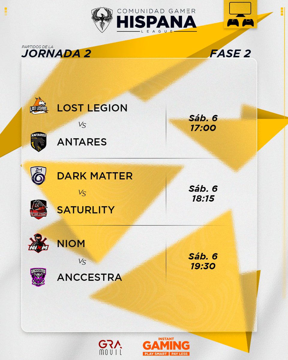 📅 | 𝐂𝐀𝐋𝐄𝐍𝐃𝐀𝐑𝐈𝐎 (Fase 2)

¡Mañana comienzan los enfrentamientos de la 2° jornada en la fase 2!👀

<a href="/Lost__Legions/">Lost Legions</a> 🆚 <a href="/ANTARES_EU/">ANTARES 🎮🏆</a>
<a href="/NewDarkMatter/">New Dark Matter</a> 🆚 <a href="/EsportSaturlity/">Saturlity Esport</a> 
<a href="/NiomEC_/">NIØM 🥷</a> 🆚 <a href="/AnccestraEsport/">✨ANCCESTRA✨</a> 

¡Suerte a todos los equipos!🍀

#CGHConsola 🎮