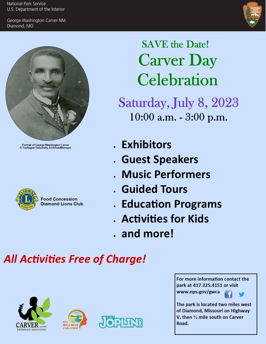 GWCarverNPS's tweet image. Carver Day is Saturday, 7/8/2023 (10am to 3pm). The event features programs interpreting the life &amp;amp; legacy of George Washington Carver. Guest speakers, musical groups, a Junior Ranger station, food concession, &amp;amp; education resource exhibitors are also included.
Photo/NPS