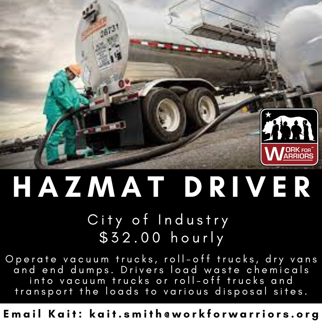 #hazmat driver needed in #cityofindustry with #unitedpumpingservice! If you have a class A license & 2 years experience, you may be qualified. Email Kait to find out at kait.smith@workforwarriors.org #classa #classadriver #hazmatdriver #workforwarriors #staffingredefined