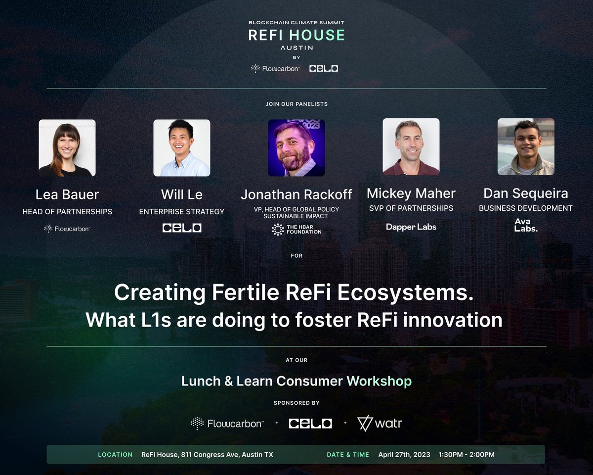 DanyEid_'s tweet photo. 1/5 "#Blockchain Climate Summit #ReFiHouse, @leafbauer of @weareflowcarbon, @JonathanRackoff of @HBAR_foundation, @MickeyMaher23 of @dapperlabs, @danvseq of @avalabsofficial and @FreeWillLe of @CeloOrg discuss L1s fostering #ReFi innovation! $HBAR @hedera
https://t.co/aR1WTfO8oW https://t.co/FzO5lTs2Tw