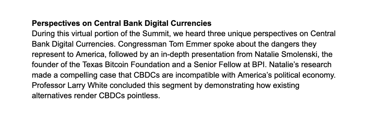 Perspectives on Central Bank Digital Currencies

Featuring: <a href="/GOPMajorityWhip/">Tom Emmer</a>, <a href="/NSmolenski/">Natalie Smolenski</a>, <a href="/lawrencehwhite1/">Lawrence H. White</a> 
Link: youtube.com/live/-Dw0K66tK…