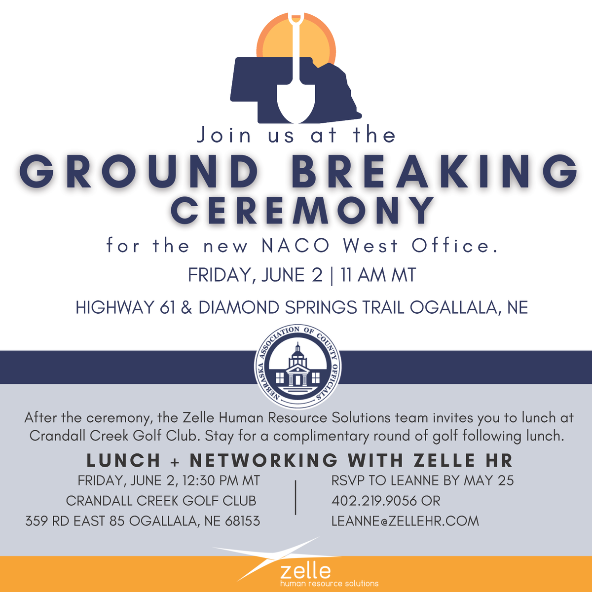NACO_Nebraska's tweet photo. June 2nd marks the start of something new and exciting for our association! We invite you to the Groundbreaking Ceremony for the NACO West Office in Ogallala, NE. 

After the ceremony, enjoy lunch and a golf outing with Zelle Human Resource Solutions. See you there! https://t.co/bB9pkOgVYb