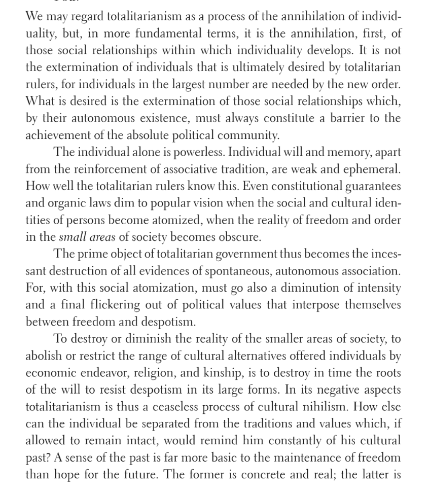 SplendorFormae's tweet photo. "The individual alone is powerless. Individual will and memory, apart from the reinforcement of associative tradition, are weak and ephemeral. How well the totalitarian rulers know it." - NISBET

https://t.co/pF8vsosMDP https://t.co/MYi5LMvQxY