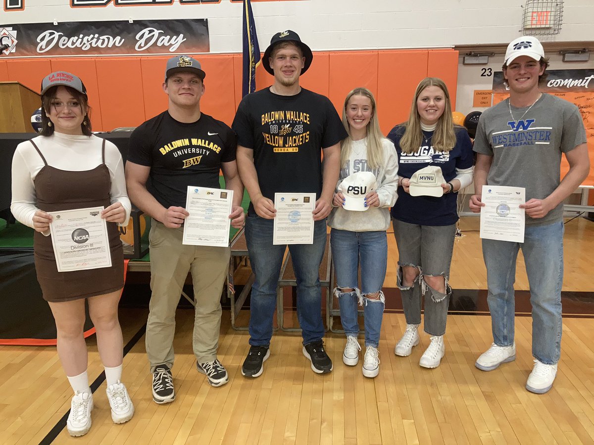 ETNcopper's tweet photo. Corry’s NLI signees: Alivia Burger (LaRoche soccer); Ethyn Allen and John Styborski (Baldwin-Wallace football and track and field); Tayler Elchynski (Penn State Behrend volleyball); Morgan Willis (Mt. Vernon Nazarene cheerleading); and John Albers (Westminster baseball). https://t.co/FqtNR3HC4n