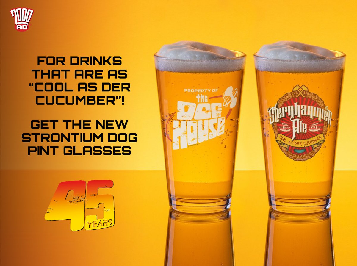 2000AD's tweet photo. What more perfect way to celebrate your latest bounty than with a cool pint of Sternhammer Ale down at the Doghouse bar? Get the new pint glasses Inspired by the classic 2000 AD series Strontium Dog https://t.co/BCuVhiySvl https://t.co/JtDYzRVYvZ