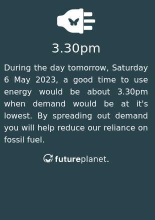 During the day tomorrow, Saturday 6 May 2023, a good time to use energy would be about 3.30pm when demand would be at it's lowest.  By spreading out demand you will help reduce our reliance on fossil fuel.